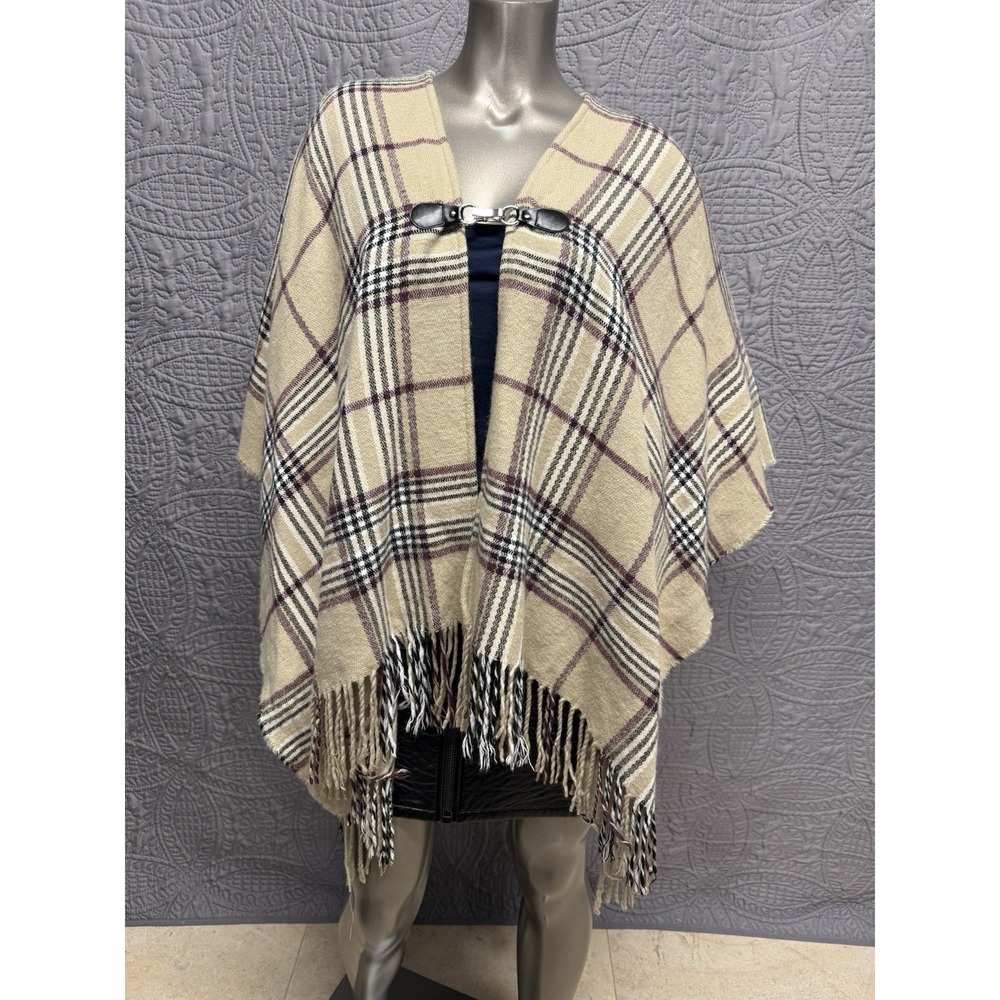 Plaid Fringe Poncho Brownstone Combo Toggle Front Cape TT184190 One Size